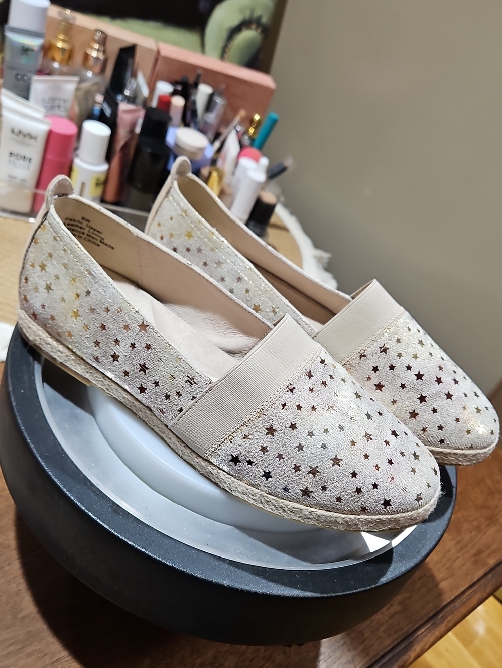 David Tate Cream Metallic Star-Print Espadrille Flats